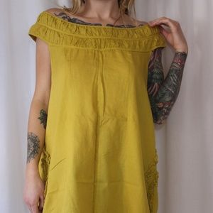 Vintage 70s Boho Mustard Yellow Shift Pixie Dress